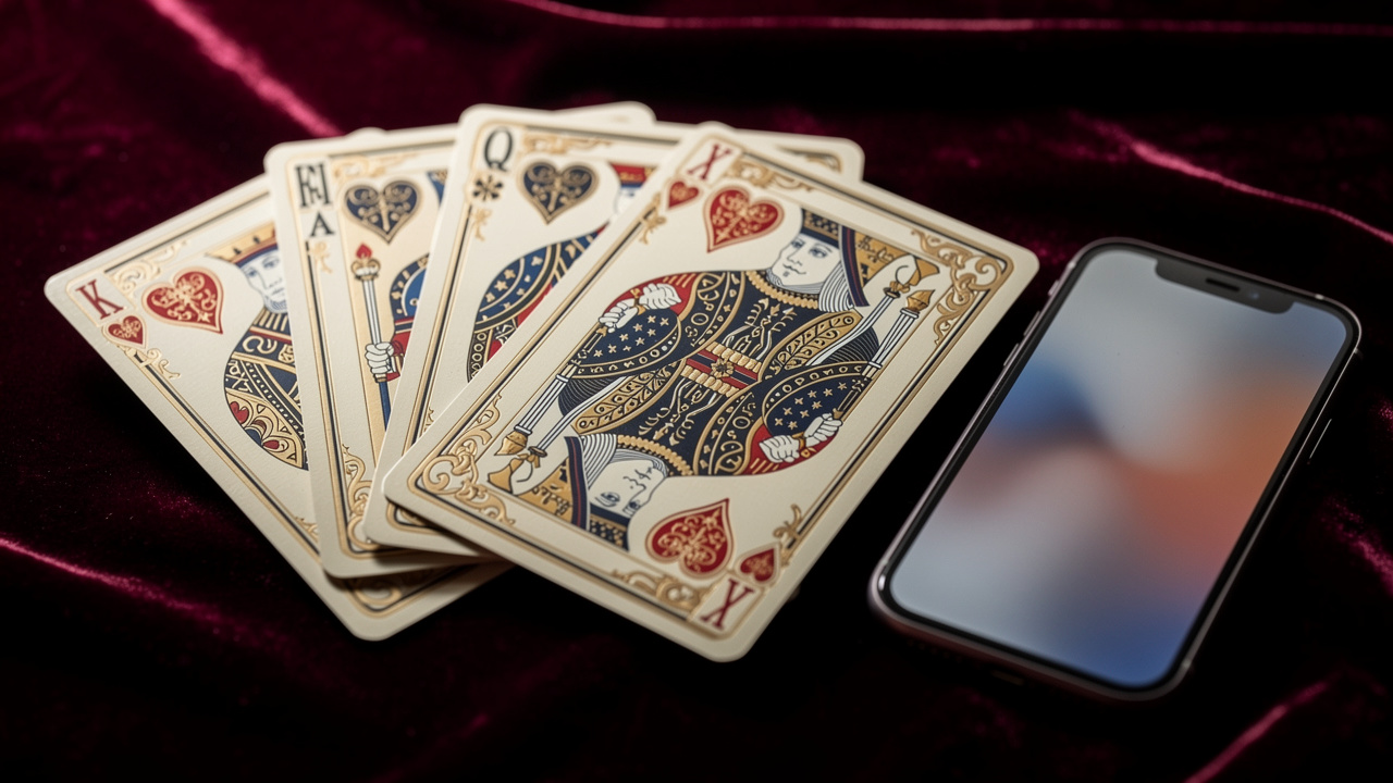Gros plan réaliste et éditorial de cartes à jouer françaises décoratives disposées sur un velours sombre, avec motifs de cœur, figures illustrées et smartphone à proximité.