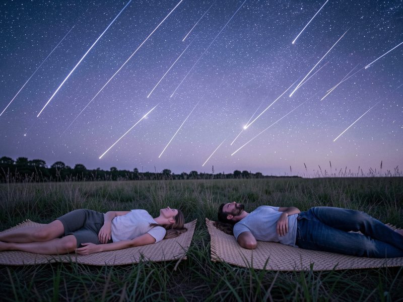 Deux femmes et deux hommes allongés sur des tapis dans une prairie sombre, observant une pluie d’étoiles filantes sous un ciel d’été étoilé.