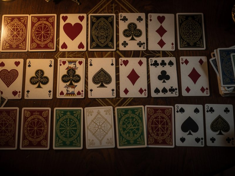 Jeu de 32 cartes françaises étalé sur une table en bois sombre, avec des cœurs, trèfles, carreaux et piques visibles dans une ambiance ésotérique sobre et lumineuse.