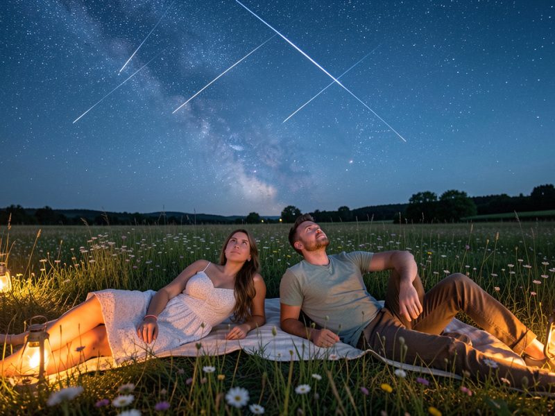 Deux femmes et deux hommes allongés dans une prairie fleurie pendant une nuit d’été, observant un ciel étoilé traversé par des étoiles filantes.