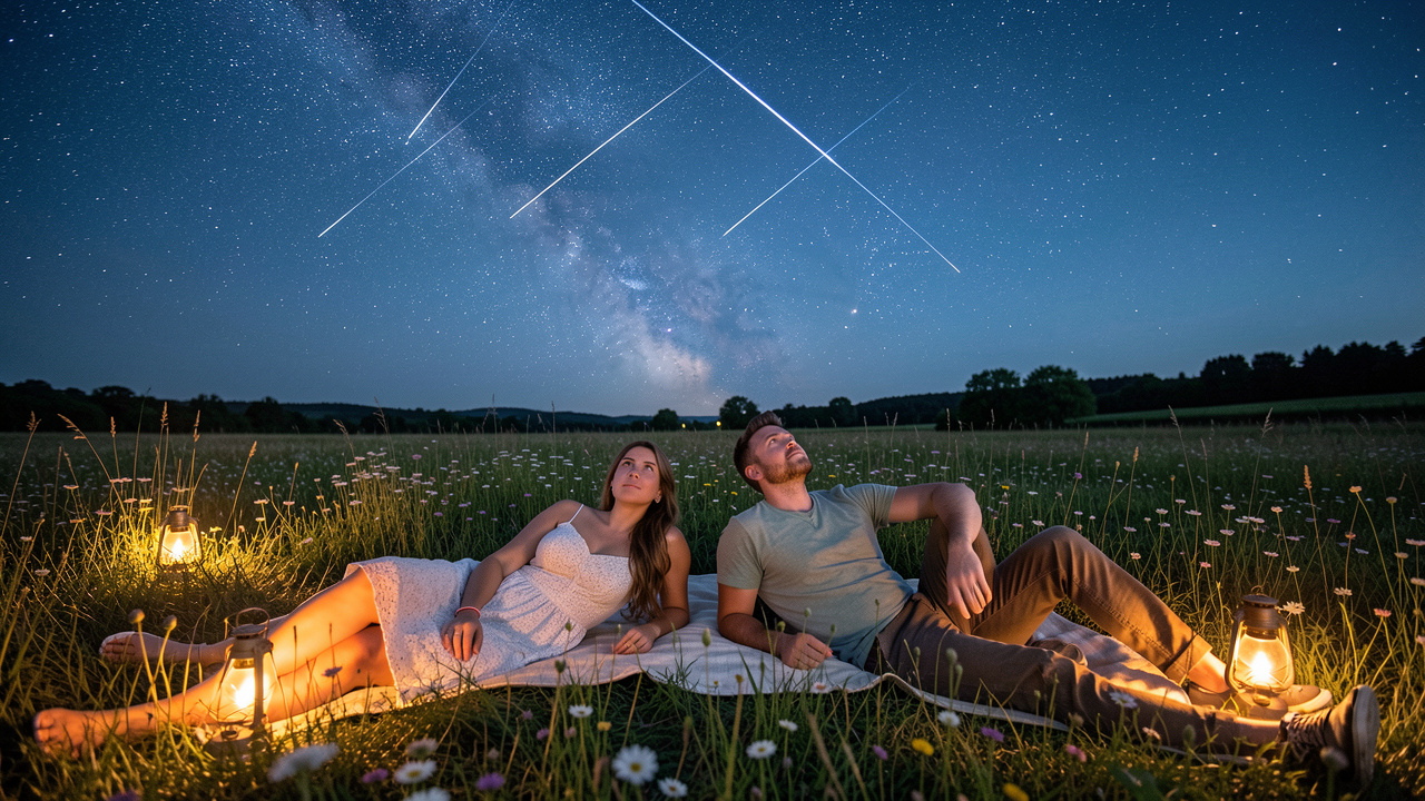 Deux femmes et deux hommes allongés dans une prairie fleurie pendant une nuit d’été, observant un ciel étoilé traversé par des étoiles filantes.