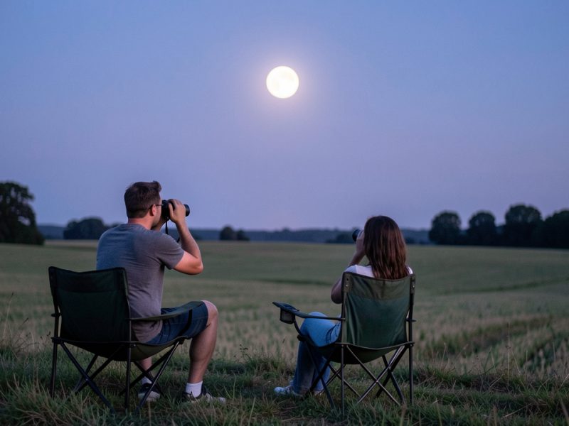 Un homme et une femme observent une pleine lune lumineuse avec des jumelles depuis des chaises pliantes, sous un ciel d’été au crépuscule au-dessus d’un horizon rural dégagé.