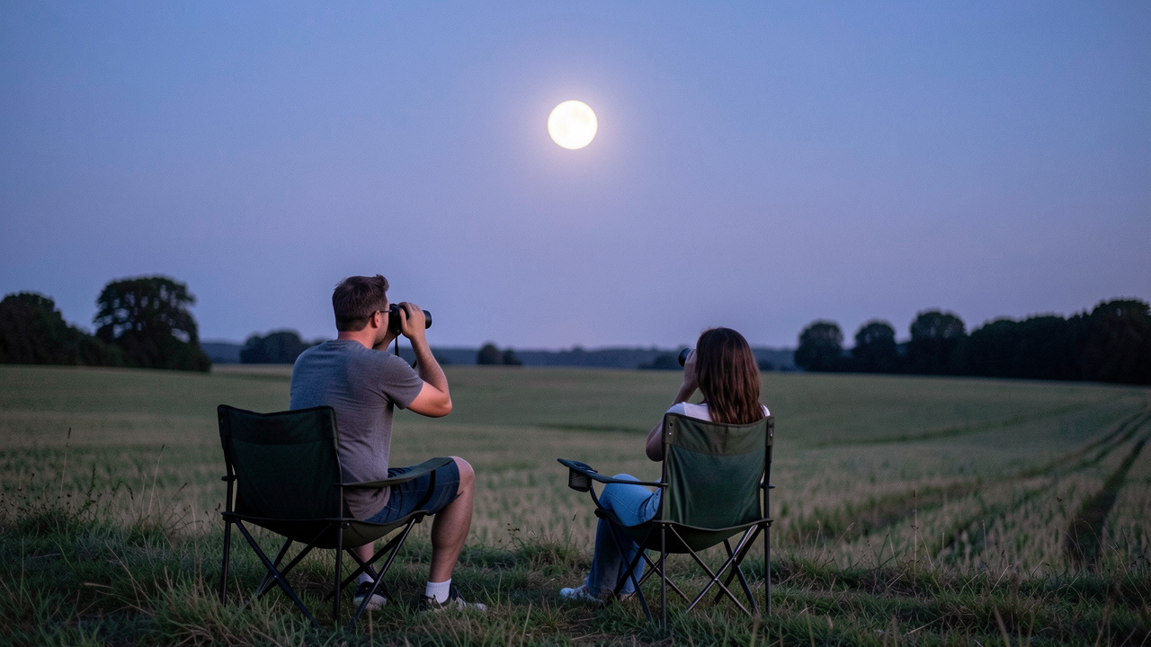 Un homme et une femme observent une pleine lune lumineuse avec des jumelles depuis des chaises pliantes, sous un ciel d’été au crépuscule au-dessus d’un horizon rural dégagé.