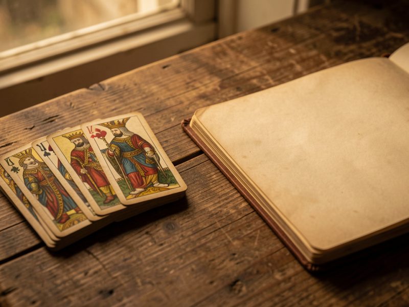Jeu de cartes ancien posé sur une table en bois à côté d’un carnet ouvert, éclairé par une lumière douce dans une ambiance mystérieuse.