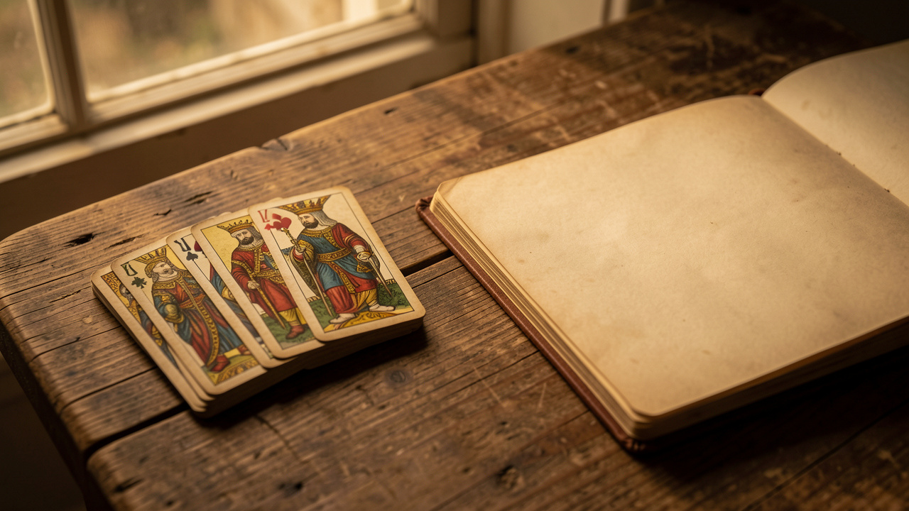 Jeu de cartes ancien posé sur une table en bois à côté d’un carnet ouvert, éclairé par une lumière douce dans une ambiance mystérieuse.