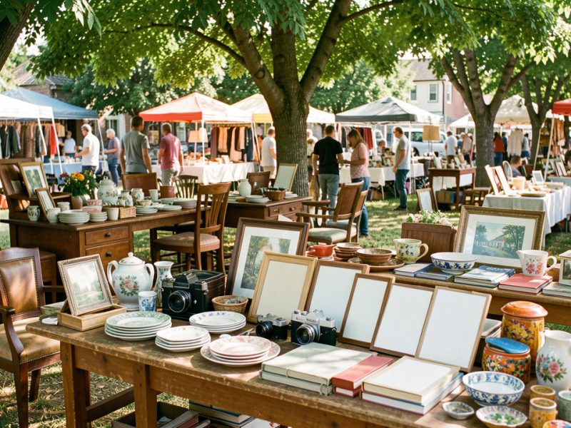 Brocante en plein air avec meubles vintage, vaisselle ancienne, appareils photo et objets décoratifs disposés sur des tables sous les arbres.