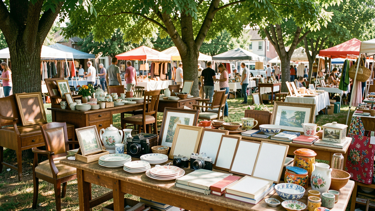 Brocante en plein air avec meubles vintage, vaisselle ancienne, appareils photo et objets décoratifs disposés sur des tables sous les arbres.