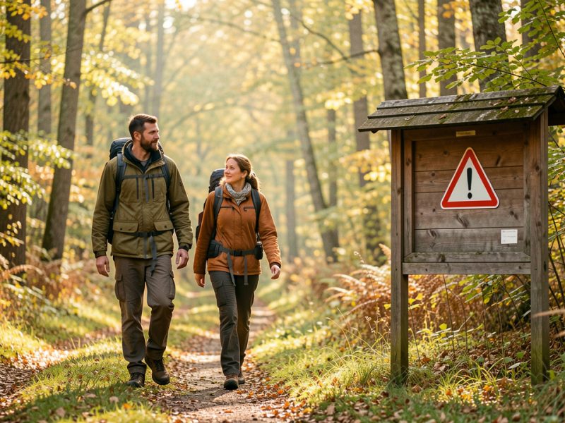 Deux promeneurs avancent sur un chemin forestier français en septembre, près d’un panneau rustique portant un symbole d’avertissement, sous une lumière matinale douce.