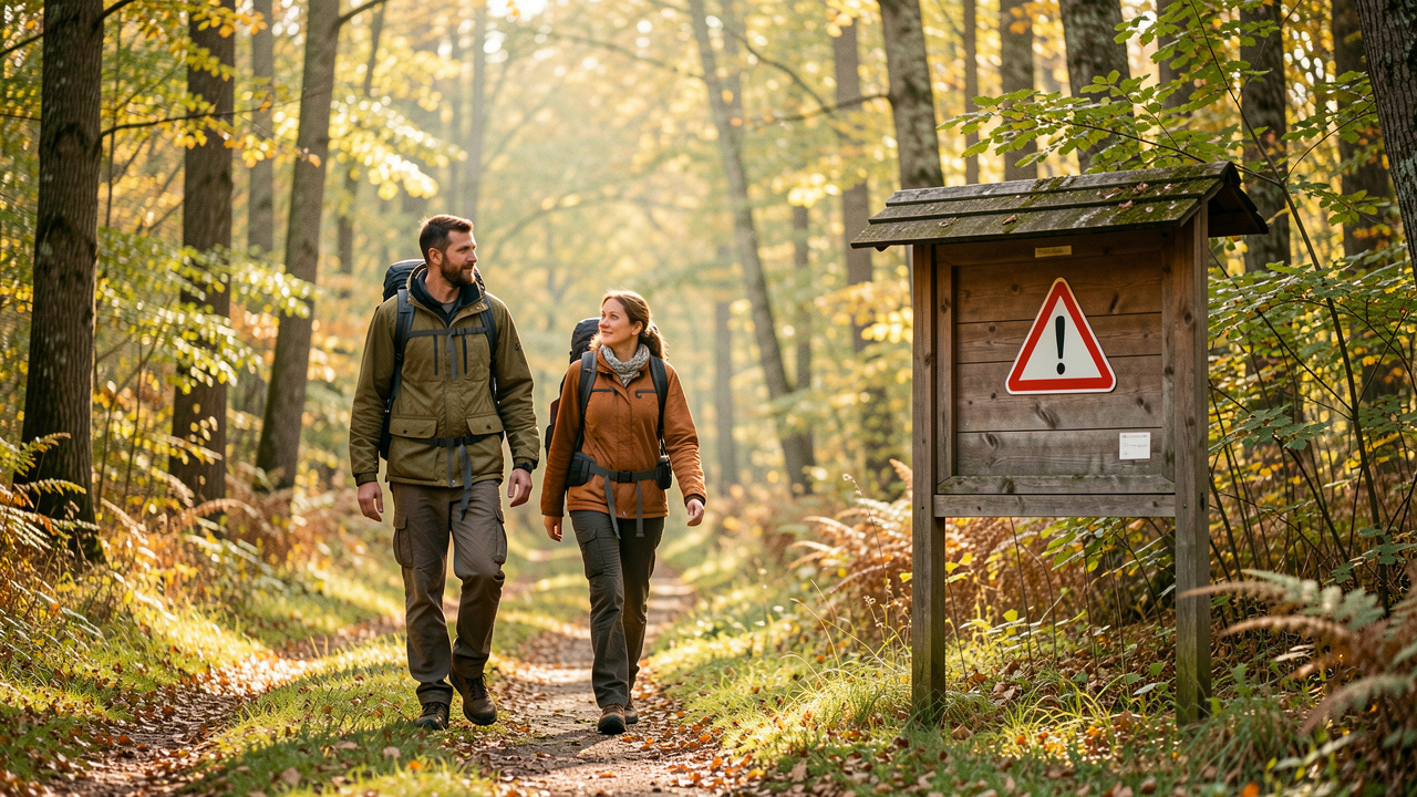 Deux promeneurs avancent sur un chemin forestier français en septembre, près d’un panneau rustique portant un symbole d’avertissement, sous une lumière matinale douce.