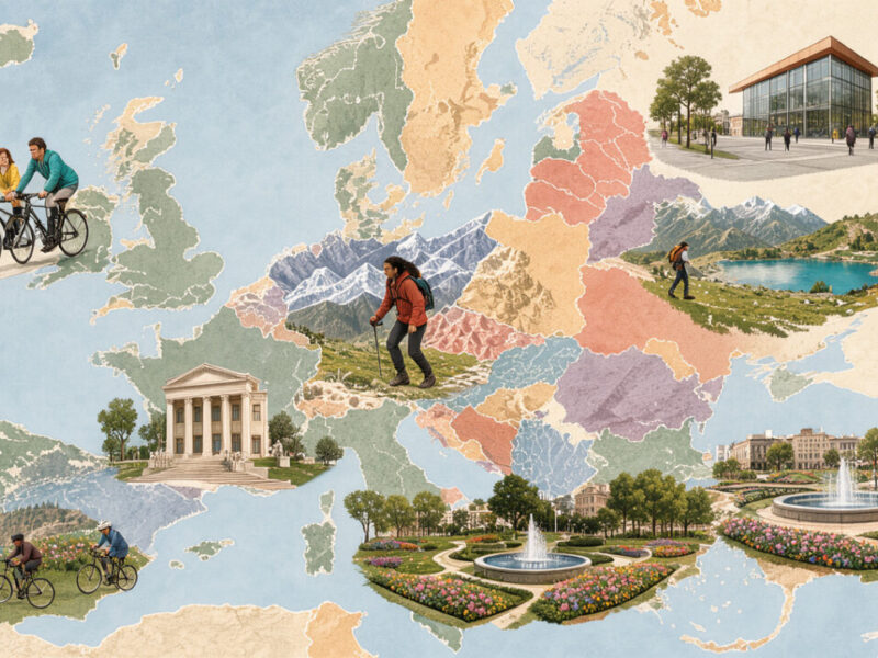 Carte illustrée et lumineuse de l’Europe présentant huit destinations de loisirs avec vélo, randonnée, musées et parcs urbains.