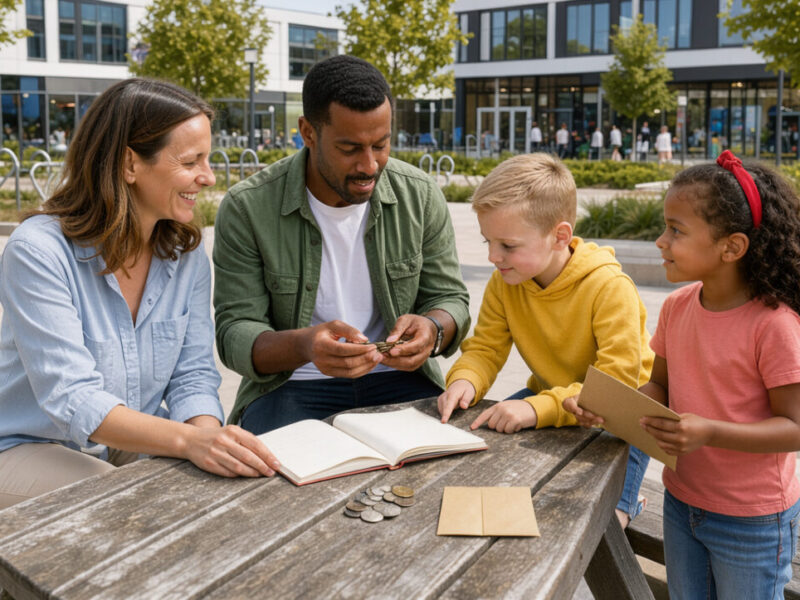 Famille composée de deux adultes et de deux enfants préparant une sortie de loisirs à Dorlisheim, avec un carnet vierge et des pièces représentant le budget familial.